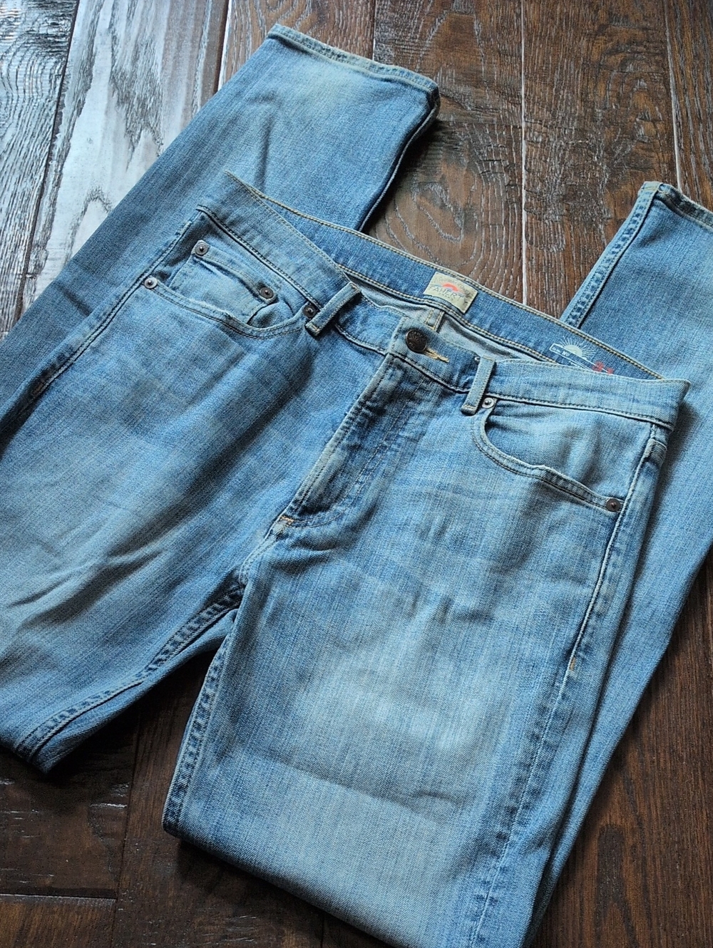 FAHERTY I Indigo Dyed Faded Wash Blue Denim High Rise Straight Leg Jeans, 31